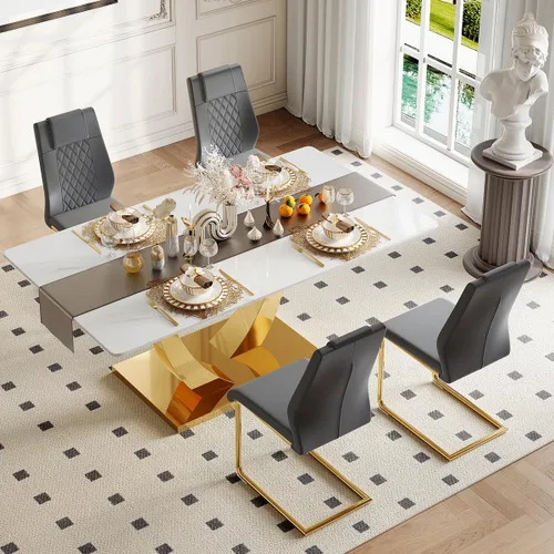 Juego de mesa de comedor para 4, mesa de comedor de mármol sintético de 63 pulgadas con patas y base de acero inoxidable, sillas acolchadas de