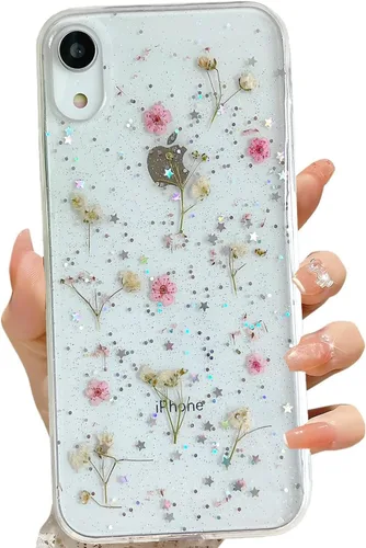 Miniatura 26 de LSEEKA Funda transparente para iPhone 13 Pro Max con diseño de flores reales prensadas, con purpurina, bonito patrón floral blanco, delgada, suave