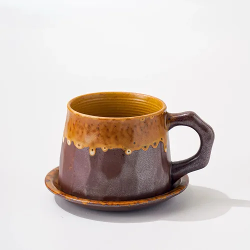 Taza de capuchino de cerámica vintage retro hecha a mano con platillo – Taza de té y platillo de cerámica rústica pequeña, sin plomo, taza hecha a