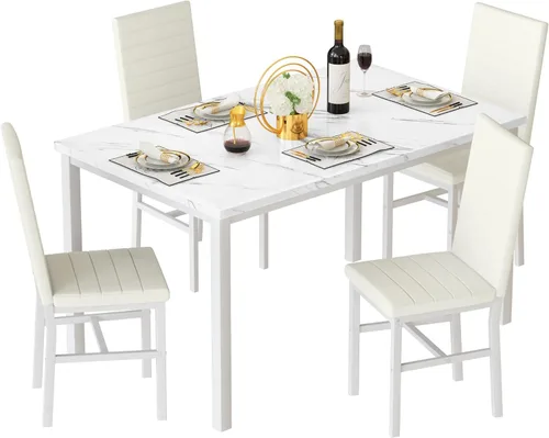 Miniatura 12 de Conjunto de mesa de comedor Lamerge para 4, mesa de mármol sintético y 4 sillas de cuero PU, mesa y sillas de cocina para 4, conjuntos modernos