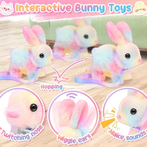 Miniatura 4 de NINAOR Juguetes interactivos de peluche para niños con bolsas de mano, conejo robot de peluche con correa que salta y orejas que se mueven, juguetes