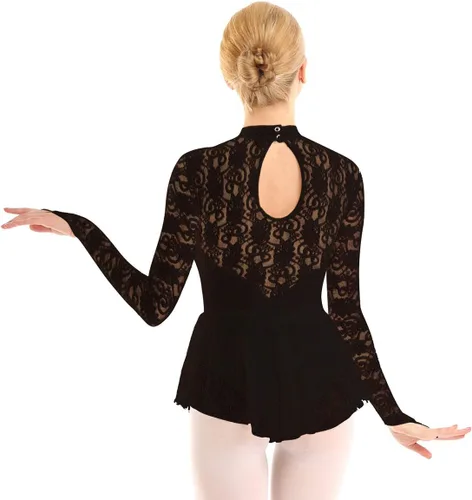 Miniatura 5 de JEATHA Leotardo de ballet de encaje floral para mujer, mangas para dedos, vestido de patinaje sobre hielo