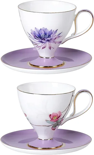 Miniatura 13 de KAMMAK Juego de 2 tazas de café de cerámica, tazas de café de porcelana con platillos, 6.52 onzas hechas a mano, elegante taza de té de porcelana