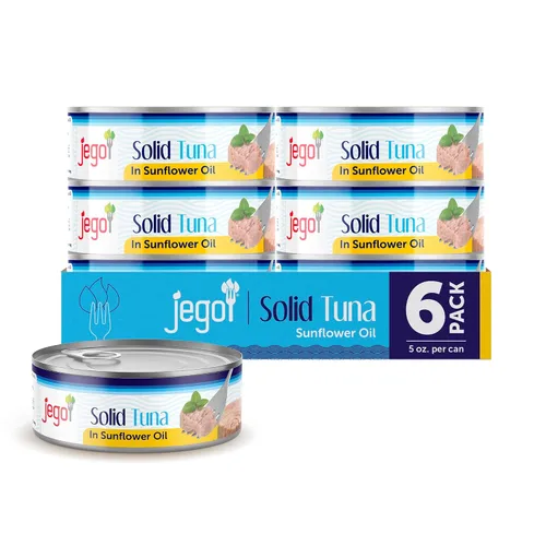 Jego Atún sólido en aceite de girasol | Atún natural silvestre | Keto | Bajo en carbohidratos | Sin gluten | Sin soja | Enlatado | Listo para comer