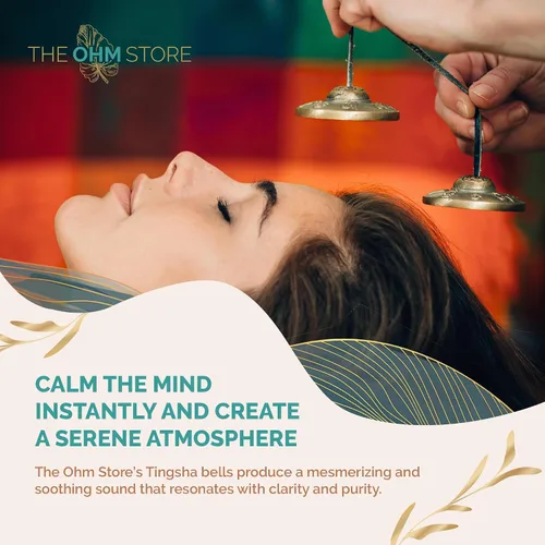 Miniatura 4 de Ohm Store Campanas tibetanas de mantra tingsha con estuche azul, accesorio de meditación hecho a mano para atención plena, yoga y sanación de sonido