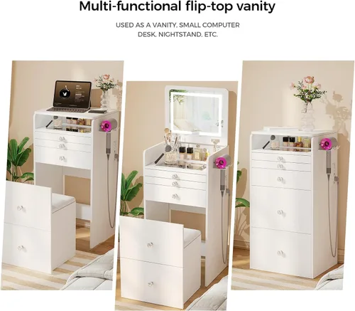 Miniatura 5 de VOWNER Escritorio de tocador 3 en 1 con espejo de luz LED abatible y escritorio de cristal, pequeño tocador de maquillaje con 3 cajones, tocador