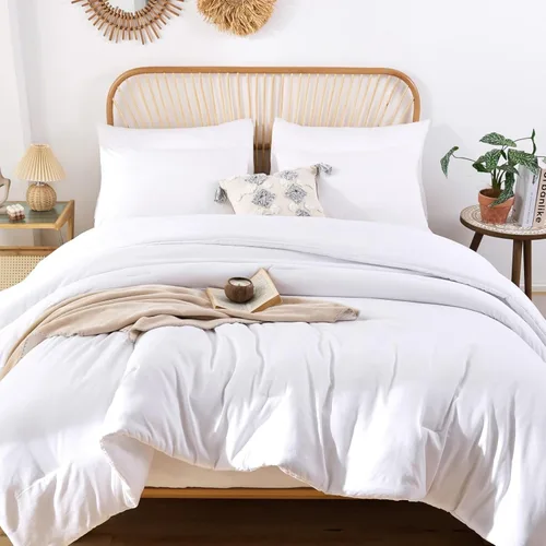 ROSGONIA Edredón tamaño completo para niñas, niños y adolescentes, blanco, 3 piezas (1 edredón bohemio y 2 fundas de almohada), juego de ropa de