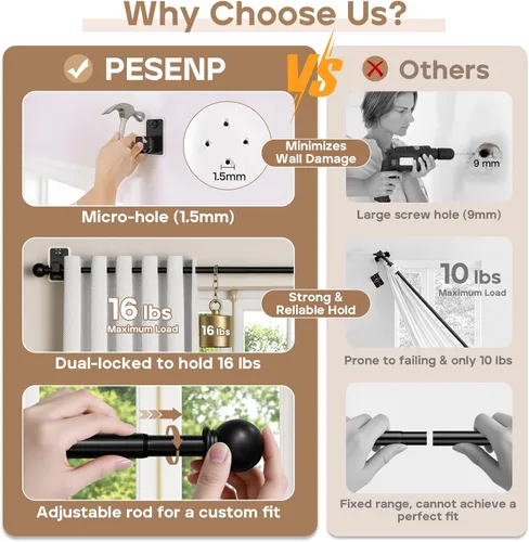 Miniatura 3 de Paquete de 2 barras de cortina sin taladrar con sistema de montaje adhesivo y clavo – Apto para inquilinos y mínimo daño de pared, barra ajustable