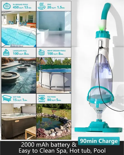 Miniatura 7 de Aspiradora de piscina inalámbrica para piscina sobre el suelo 19.5 GPM, todas las ángulos y pantalla LED, aspiradora de spa recargable de mano