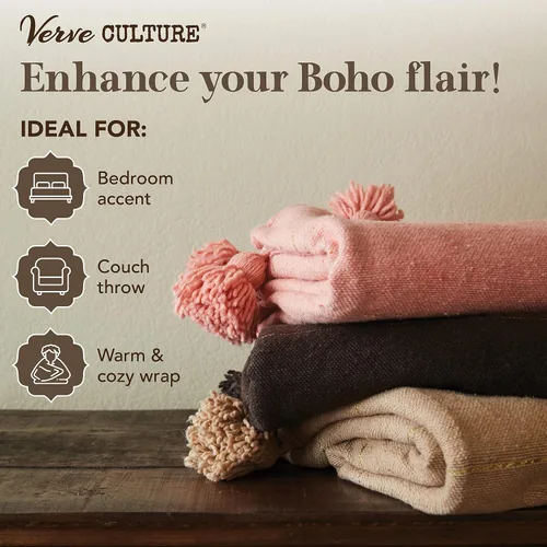 Miniatura 4 de Verve CULTURE Manta marroquí, manta de algodón estilo bohemio para cama y sofá, decoración marroquí, manta con borlas, manta de boda marroquí Marrón