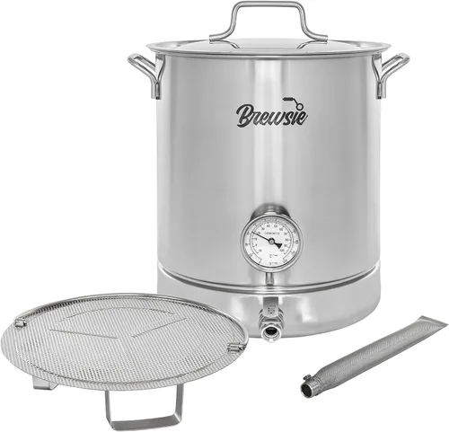 BREWSIE Hervidor de cerveza casero de acero inoxidable con doble filtración. Equipa con termómetro de fondo falso y válvula de bola para elaborar