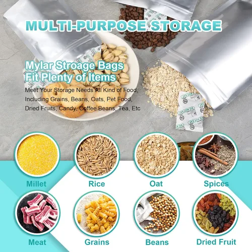 Miniatura 6 de 50 bolsas de Mylar para almacenamiento de alimentos con absorbentes de oxígeno, bolsas de Mylar extra gruesas de 15 mil, juego de 4 tamaños