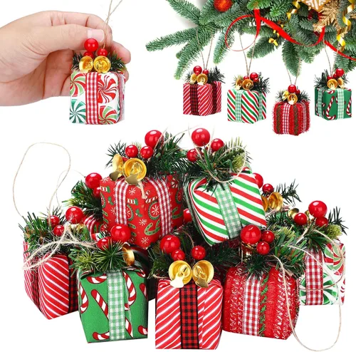 Panelee 12 Piezas Cajas de Regalo de Árbol de Navidad Adornos Mini Adornos Rojos y Verdes Paquetes Envueltos de Navidad con Campana Bayas Rojas