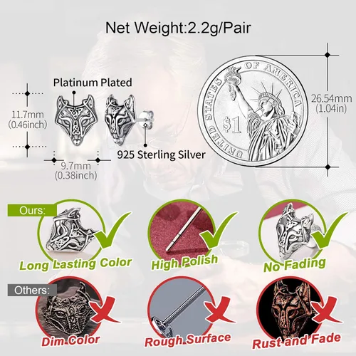 Miniatura 3 de FaithHeart Norse Vikingo Jewelry - Aretes de tuerca de plata de ley de acero inoxidable, lobo celtamartillo de Thors para mujeres y hombres, Acero