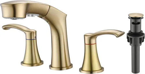 Grifo de baño de 3 agujeros con rociador extraíble, grifo de baño de 8 pulgadas, grifo de tocador de dos manijas con líneas de suministro cUPC,