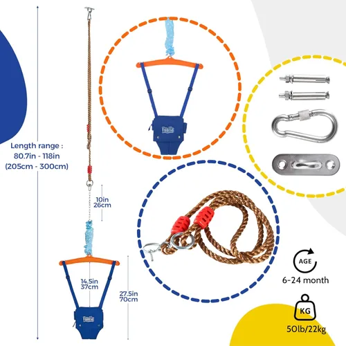 Miniatura 5 de FUNLIO Jersey de bebé con gancho de techo para 6 a 24 meses, puente de puerta de bebé para jugar en interiores y exteriores, puerta de puente azul