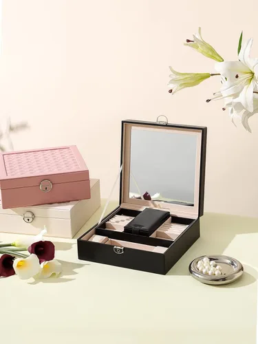 Miniatura 3 de AOSIFIEL Joyero con cerradura para organizador de joyas de viaje con espejo para mujeres, adolescentes y niños, estuche de joyería de escritorio