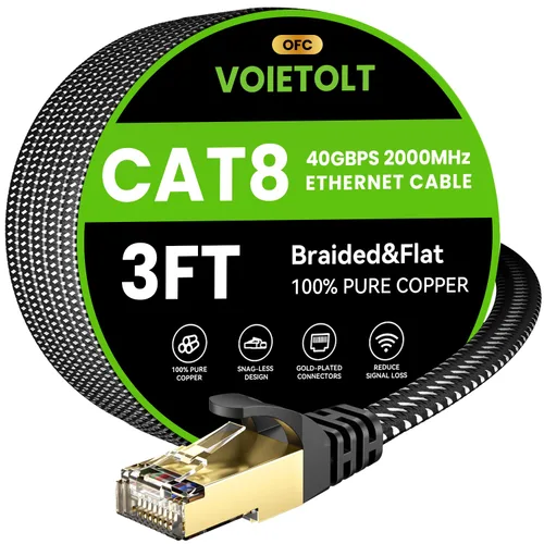 Miniatura 26 de Cable Ethernet Cat 8 de 20 pies plano, cable de Internet trenzado de alta velocidad de 40 Gbps 2000 MHz con RJ45 chapado en oro SSTP, cable LAN