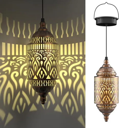 Miniatura 7 de Twinkya Paquete de 2 luces solares colgantes para jardín, farol solar decorativo para exteriores, impermeables, de metal, marroquí, decoraciones al