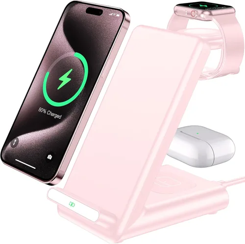 Estación de carga inalámbrica, soporte de carga 3 en 1 hecho para Apple Watch Ultra 10 9 8 7 6 SE 5 4 3, cargador inalámbrico rápido hecho para Rosa