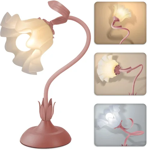 Miniatura 10 de Lámparas de mesita de noche para mujer, para dormitorio, bonita lámpara de escritorio de flores con cuello de cisne flexible ajustable, lámpara
