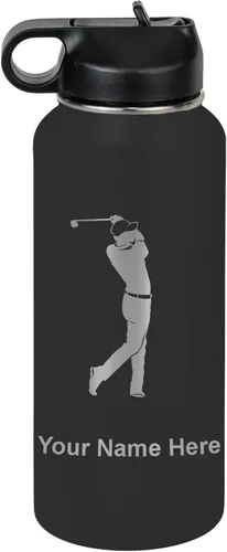 Miniatura 46 de LaserGram Botella de agua personalizada, golfista de golf, acero inoxidable de doble pared aislada al vacío con popote superior, regalo grabado Negro