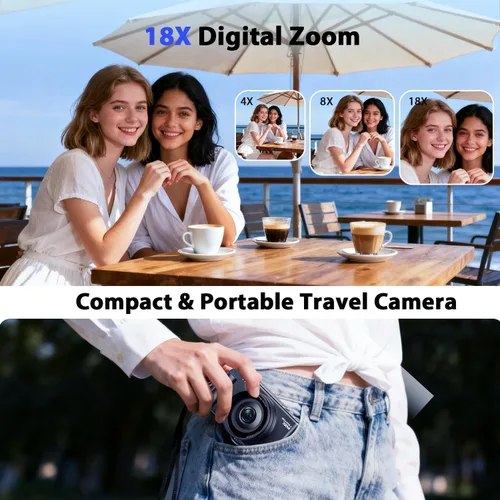 Miniatura 3 de Cámaras digitales 4K para fotografía, cámara compacta para videoblogs con pantalla giratoria, cámara de 18X zoom digital para YouTube, ideal