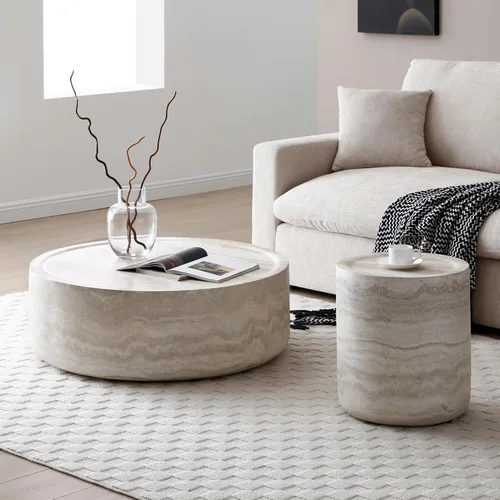 Miniatura 37 de Ø35.43'' Mesa de café redonda para sala de estar, moderna mesa de café en forma de tambor, material de fibra de vidrio, sin ensamblaje, beige