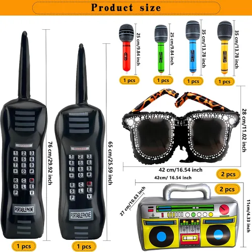 Miniatura 2 de 10 piezas de decoraciones inflables de los años 80 y 90, incluye radio inflable Boombox, teléfono móvil inflable, lentes inflables para decoraciones