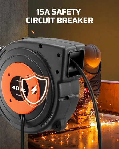 Miniatura 7 de DEWENWILS Carrete de cable de extensión retráctil, cable de alimentación resistente de 40 pies, 12 AWG/3 C SJTOW, 3 tomas de tierra iluminadas