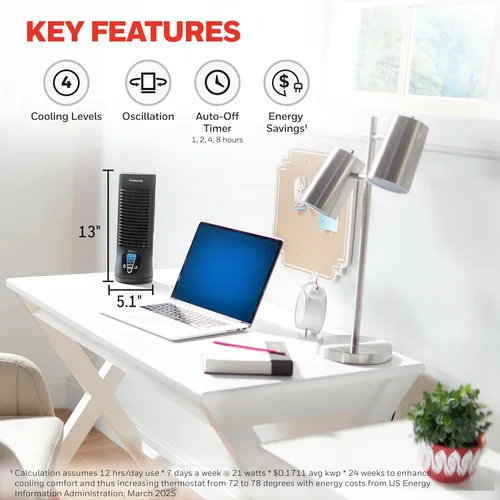 Miniatura 5 de Honeywell QuietSet - Ventilador de mesa personal, ventilador de escritorio personal oscilante con funcionamiento silencioso, 4 niveles de potencia