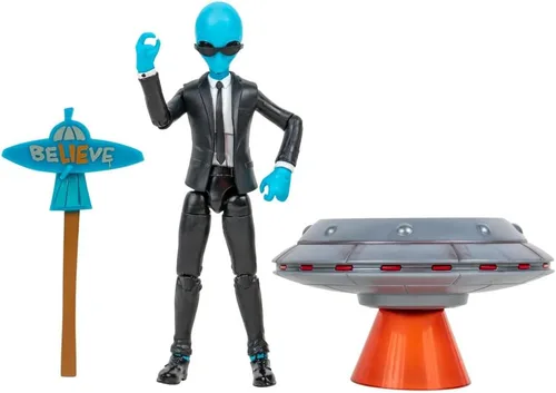 Jazwares FORTNITE Human Bill (Serie EMOTE) - Figura articulada de 4 pulgadas con vehículo Lil' Saucer Emote y accesorio de slasher volador