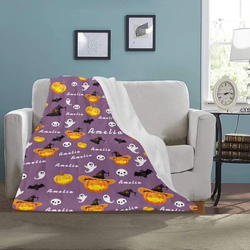 Miniatura 4 de PUREFLY Manta personalizada de Halloween con nombre para bebé, sombrero de bruja de calabaza, murciélagos negros, decoración de manta de forro polar