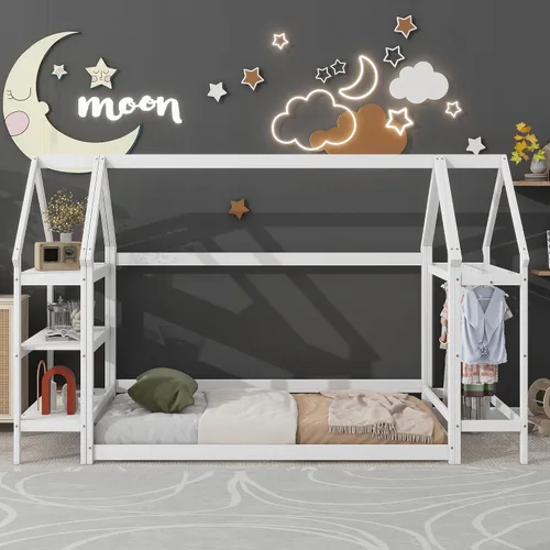 Miniatura 14 de Marco de cama para niños, marco de cama en forma de casa, cama de madera de tamaño individual con valla para niños, adolescentes, niñas, niños