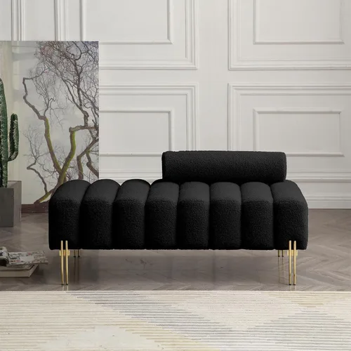 Holaki Banco moderno de 53.2 pulgadas, cómodo sofá tapizado de tela sherpa, de 2 plazas, reposapiés, banco otomano con patas de metal dorado y Negro