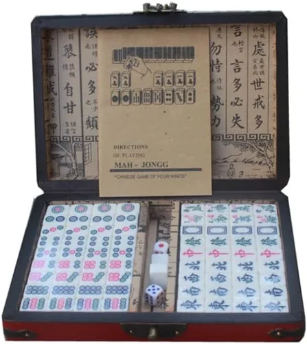 Mini juego de viaje chino Mahjong Mahjong juego de viaje chino Mahjong juego de 144 azulejos Mahjong juegos con 2 dados de transporte estuche de