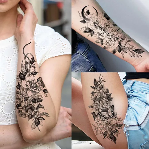 Miniatura 4 de VANTATY 61 hojas de tatuajes temporales 3D de serpiente y flores para mujeres y niñas, tatuajes para el cuello y el brazo, 12 hojas de tatuajes