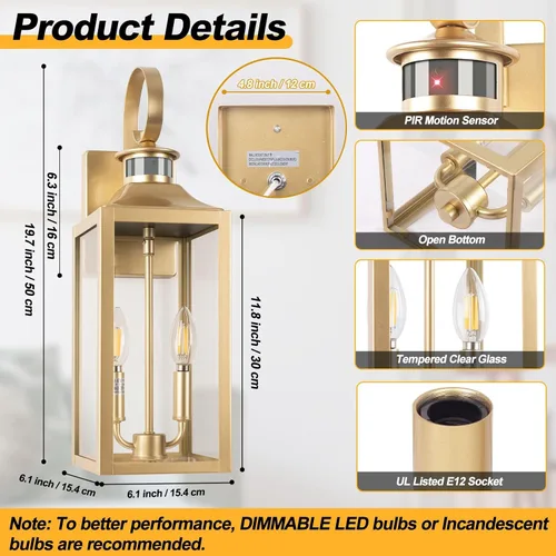 Miniatura 2 de Luz de exterior con sensor de movimiento dorada de 20 pulgadas, gran lámpara de iluminación al aire libre del atardecer al amanecer, lámpara