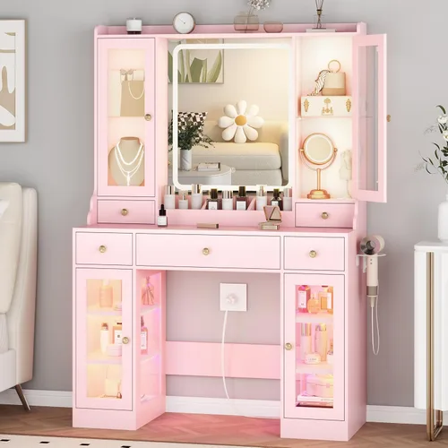 Miniatura 10 de HUANLEGO Tocador Negro con Espejo y Luces, Tocador con Superficie de Cristal con Espejo Iluminado y Gabinete de Vidrio RGB y 3 Cajones, Tocador