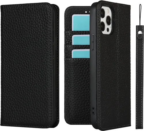 iCoverCase Funda tipo cartera compatible con iPhone 13 Pro Max con tarjetero y correa para la muñeca, bloqueo RFID, funda magnética para teléfono de