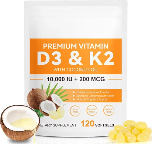 Miniatura 11 de flasture Suplemento de Vitamina D3 K2 en Cápsulas Blandas, 10000 UI de VIT D3 + 200 MCG de K2 (MK-7) Fórmula 2-en-1 para Reposición con Aceite