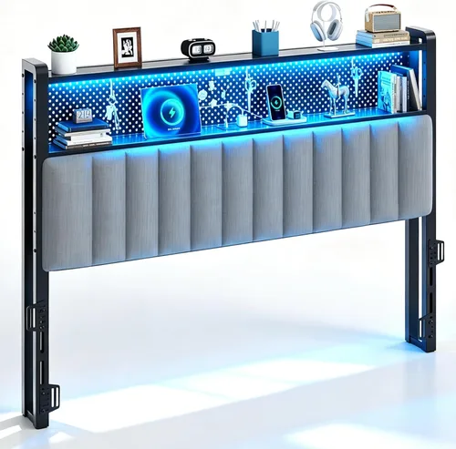 Miniatura 19 de VINGLI Cabecera LED Queen con 3 estantes de almacenamiento y estación de carga, moderna cabecera tapizada con luces RGB, puertos USB y toma de Lino