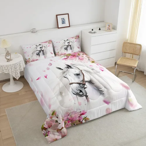 Miniatura 2 de Erosebridal Juego de funda de edredón para niñas con temática de caballos, chic, con flores de cerezo, para niños y adolescentes, con caballos al