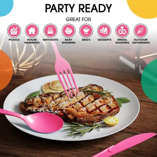 Miniatura 6 de Party Solids Cerise - Cubiertos de plástico resistentes, 150 piezas de cubiertos desechables de Cerise, juego de utensilios, 50 de cada tenedor