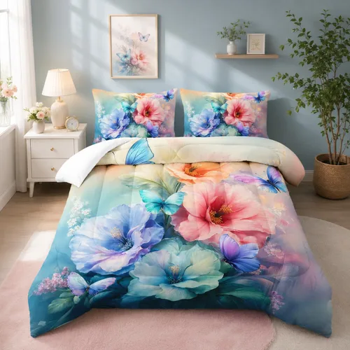 Miniatura 36 de Juego de edredón floral colorido de 3 piezas, juego de ropa de cama botánica bohemia tamaño queen, diseño boho de granja con flores y hojas impresas