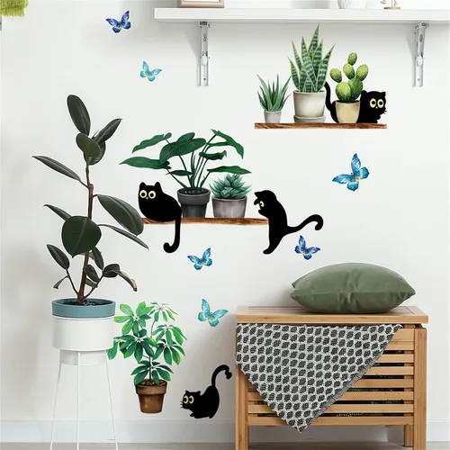 Miniatura 2 de Calcomanías de pared de gatito negro con diseño de plantas verdes en maceta, diseño de animales de dibujos animados de sacinora para bricolaje
