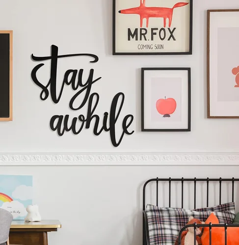 Miniatura 2 de Vivegate Letreros metálicos para pared con texto en inglés «Stay Awhile», 2 letreros negros para decoración del hogar (mediano: 28 x 12 pulgadas)