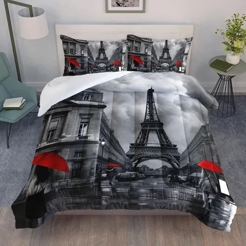 Miniatura 4 de Datura home Juego de Ropa de Cama Edredón Escenario de Calle de París Torre Eiffel Patrón Estampado Juego de Ropa de Cama con 1 Edredón y 2 Fundas