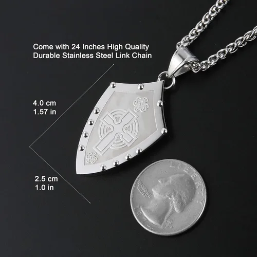 Miniatura 4 de HZMAN - Collar con colgante de acero inoxidable con diseño de escudo medieval de los guerreros con nudo celta de cruz irlandesa color plateado