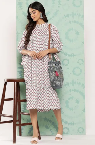 Miniatura 3 de Janasya Vestido de playa de algodón blanco para mujer, estilo casual, estampado floral, cuello mandarín, bohemio, manga atada, para playa